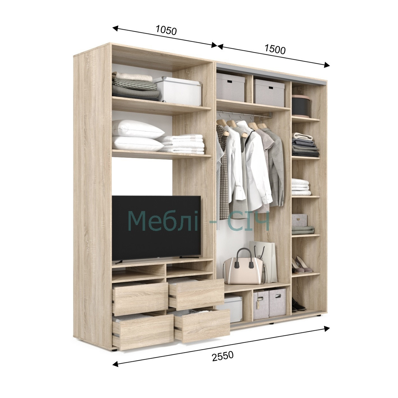 

Шкаф купе под ТВ Мебель Сич ШКТВ-1/255 (2550х600х2200) Дуб Молочный