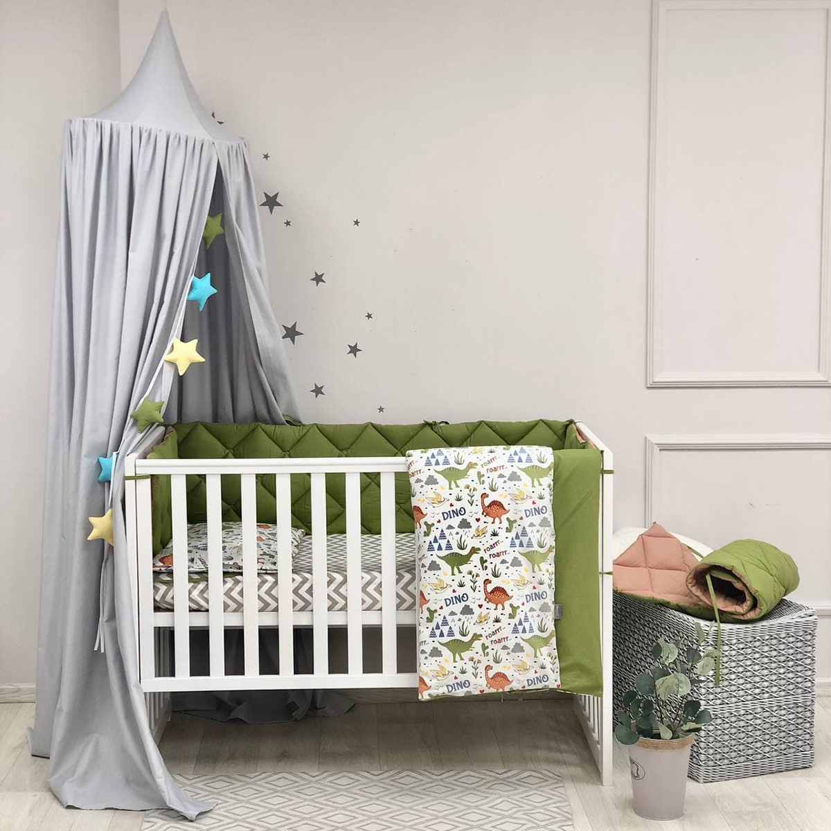 

Постельный комплект в кроватку (6 пр. без балдахина) Baby Mix Дино олива
