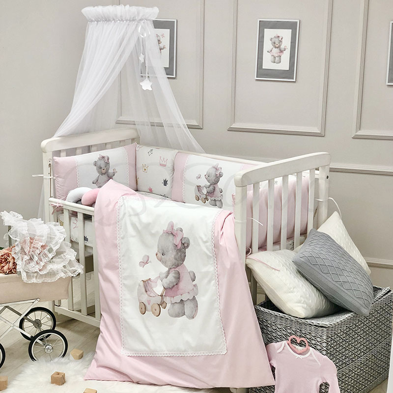 

Постельный комплект в кроватку (6 пр. без балдахина) Kids Toys Мишка розовый