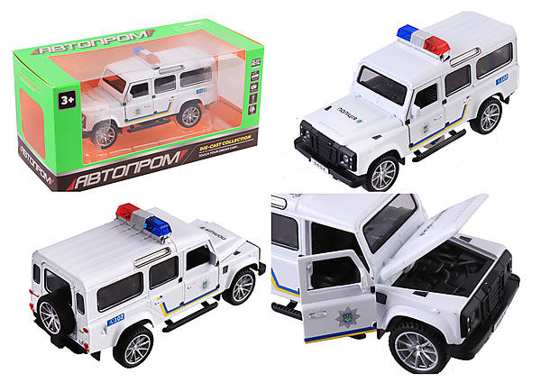 

Машина металл 1:32 Defender-Police белая, свет, звук Автопром (6625P)