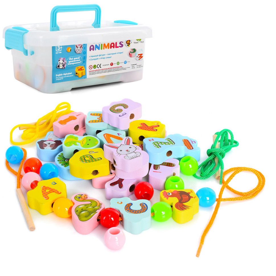 

Деревянная игрушка Шнуровка фигурки 42 шт, в пластиковом ящике MD 1786
