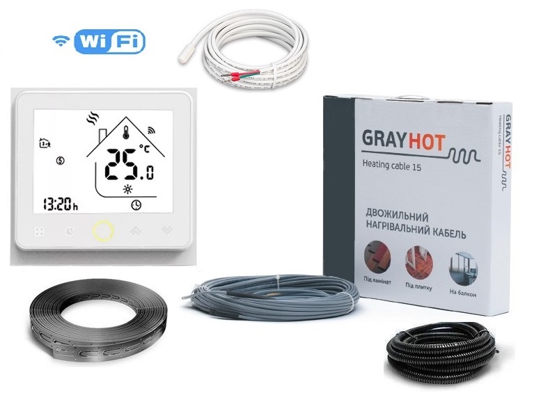 

Тепла підлога нагрівальний двожильний кабель Gray Hot Heating 6м 92Вт з програмованим сенсорним WiFi терморегулятором в комплекті(VIT567384)