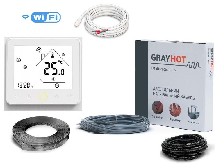 

Тепла підлога нагрівальний двожильний кабель Gray Hot Heating 102м. 1531Вт з програмованим сенсорним WiFi терморегулятором в комплекті (VIT333387)