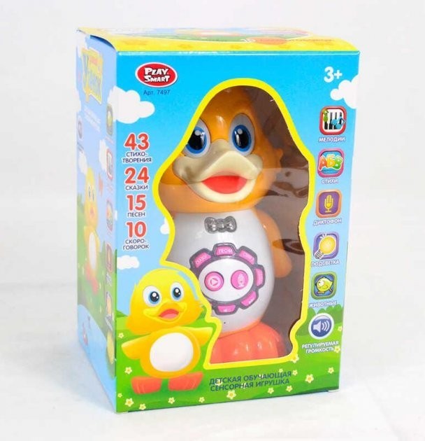 

Животное интерактивное Play Smart желтый Утенок подсветка сенсор стихи сказки песни диктофон в коробке 7497