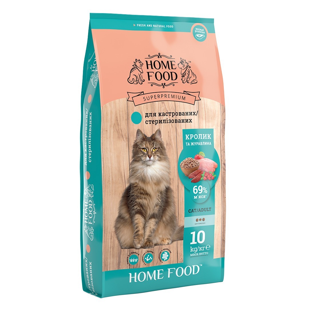 

Полнорационный корм HOME FOOD для взрослых кастрированных/стерилизованных котов с Кроликом и клюквой 10 кг