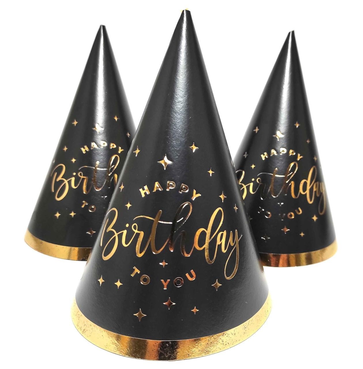 

Колпачки бумажные черный с золотом праздничные Happy Birthday 5 шт