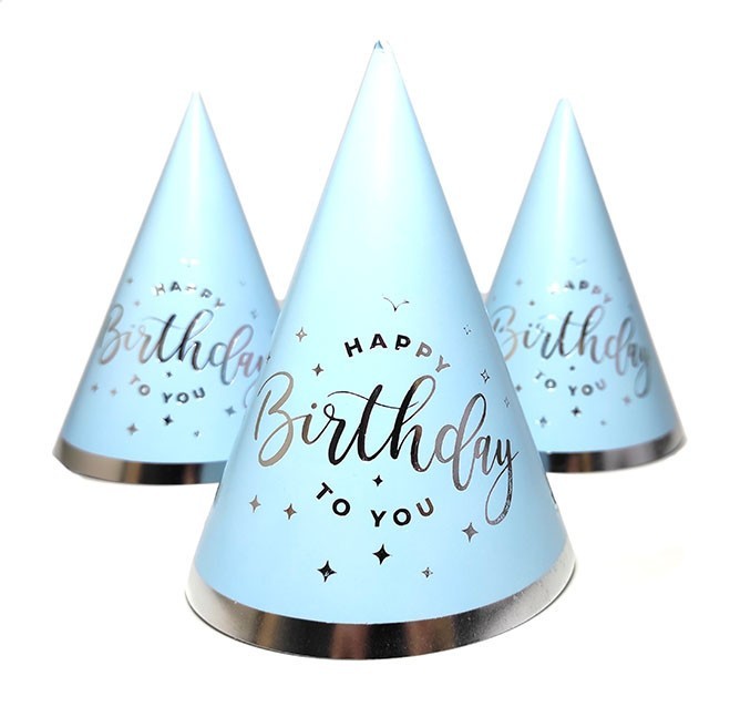 

Колпачки бумажные голубые с серебром праздничные Happy Birthday 5 шт