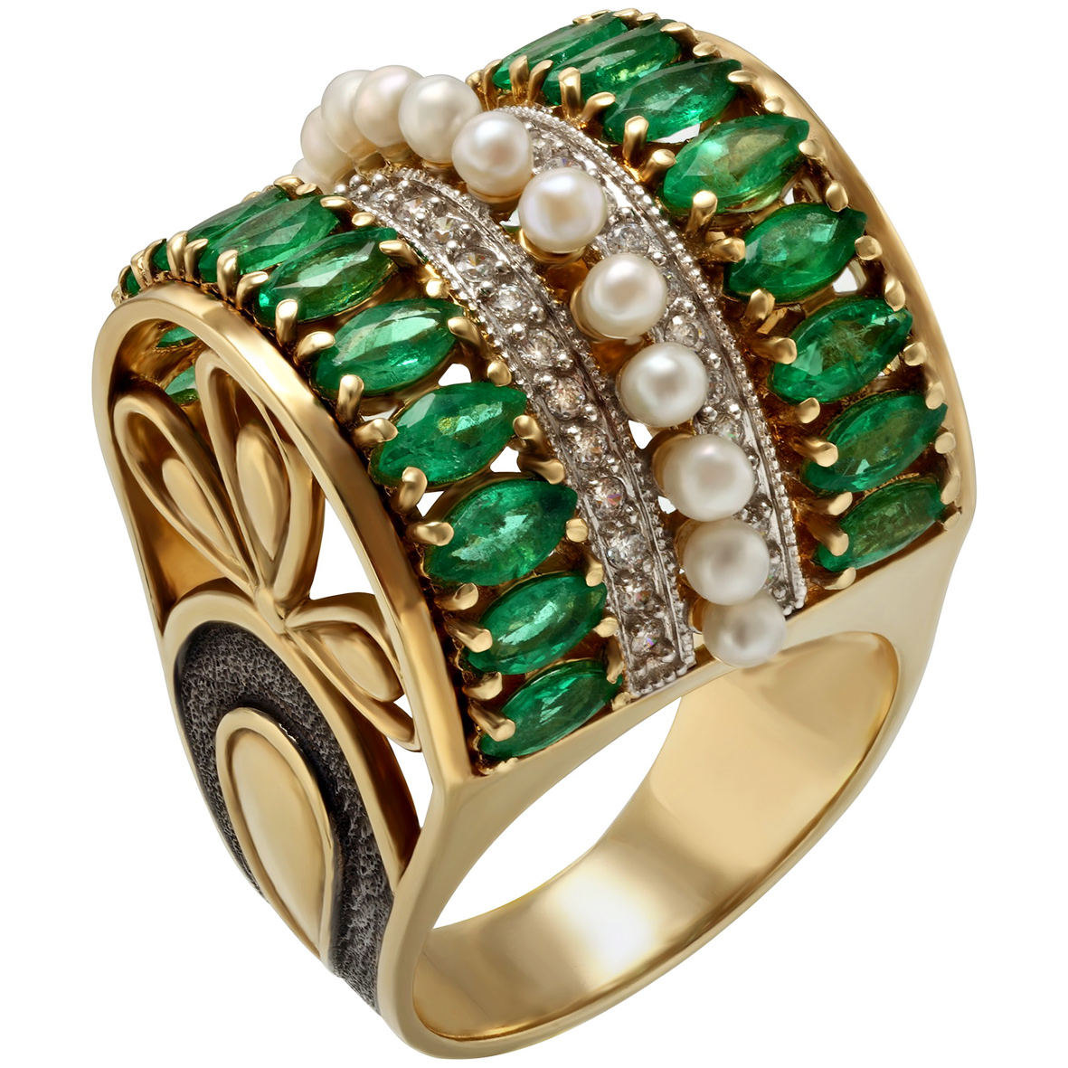 

Золотое кольцо со вставками изумруда, жемчуга и фианитов Tango Jewellery Company 367475 размер 17.5