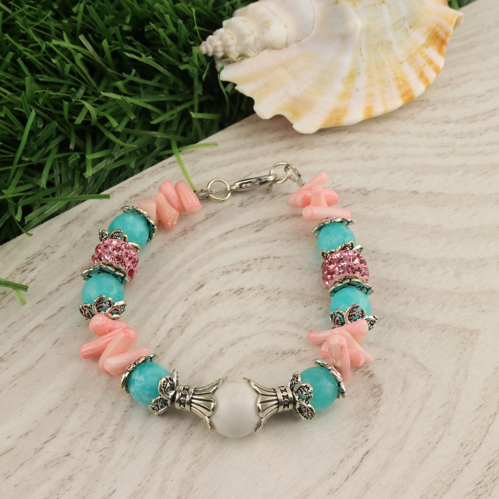 

Браслет авантюрин натуральный, агат натуральный и коралл натуральный (10,12 мм), размер 18 см, julB1203