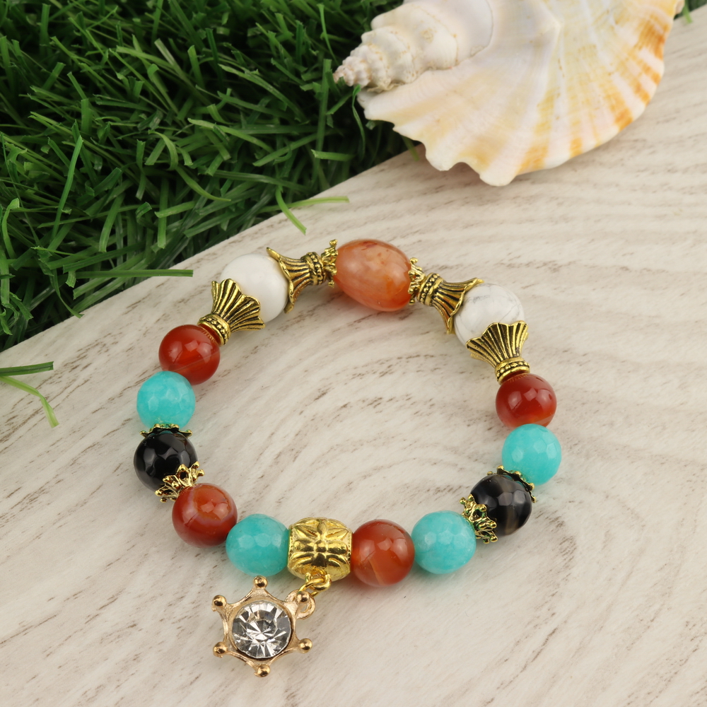 

Браслет агат натуральный, аквамарин натуральный, кахолонг натуральный и сердолик натуральный (10,12 мм), размер 18 см, julB1195