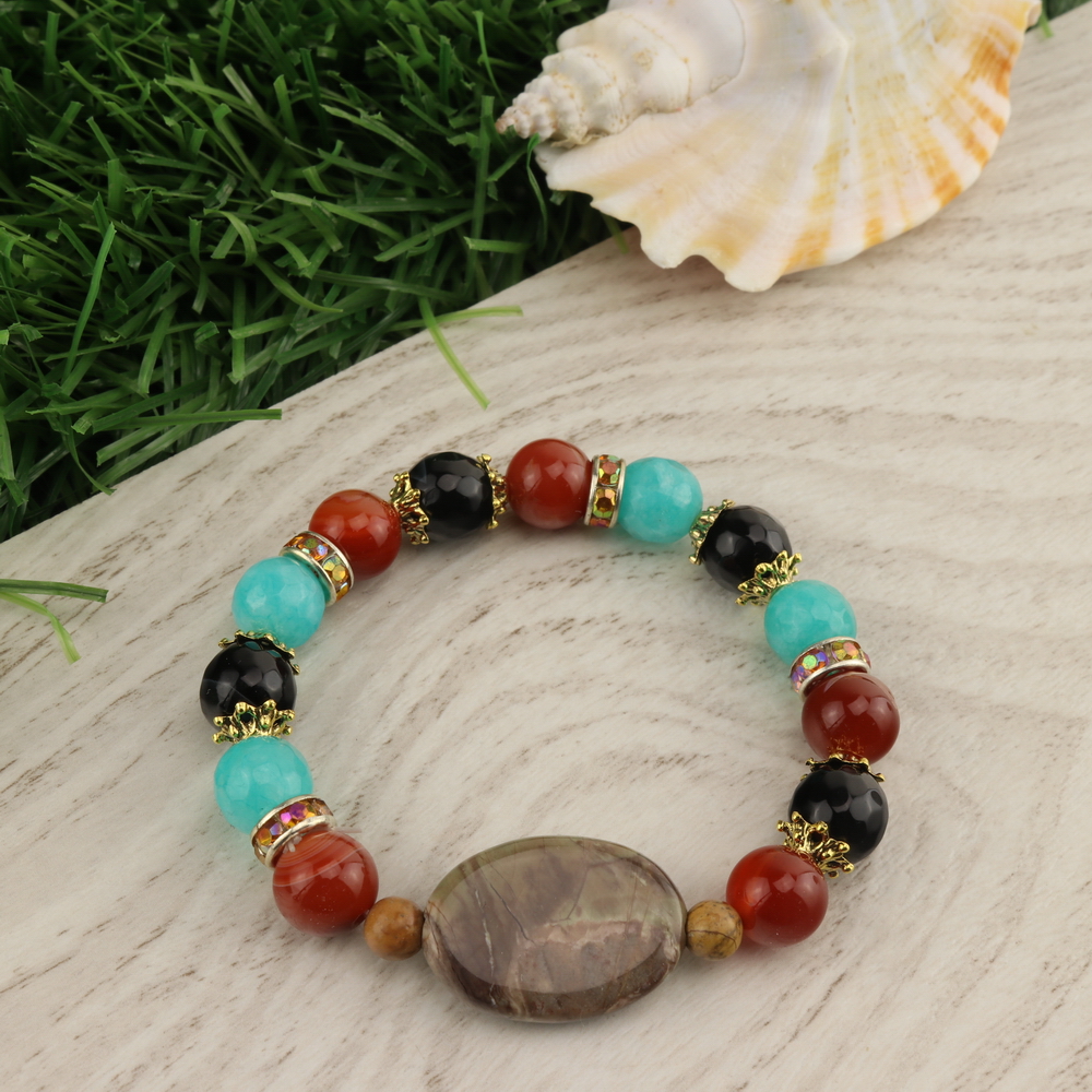 

Браслет авантюрин натуральный, агат натуральный, сердолик натуральный и яшма натуральная (6,10,18 мм), размер 18 см, julB1197