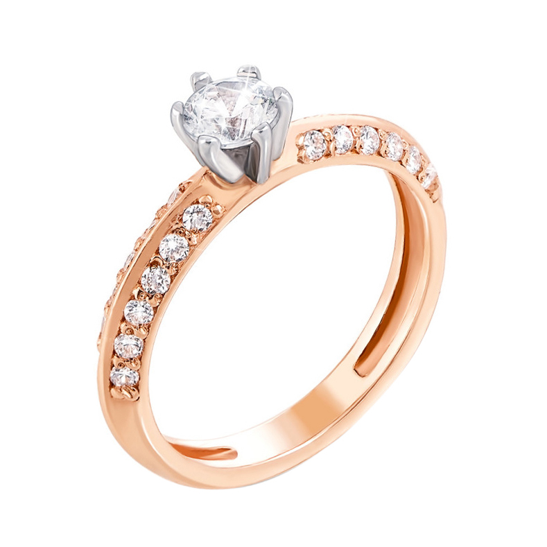 

Золотое помолвочное кольцо в комбинированном цвете с фианитами 000132966 18 размера