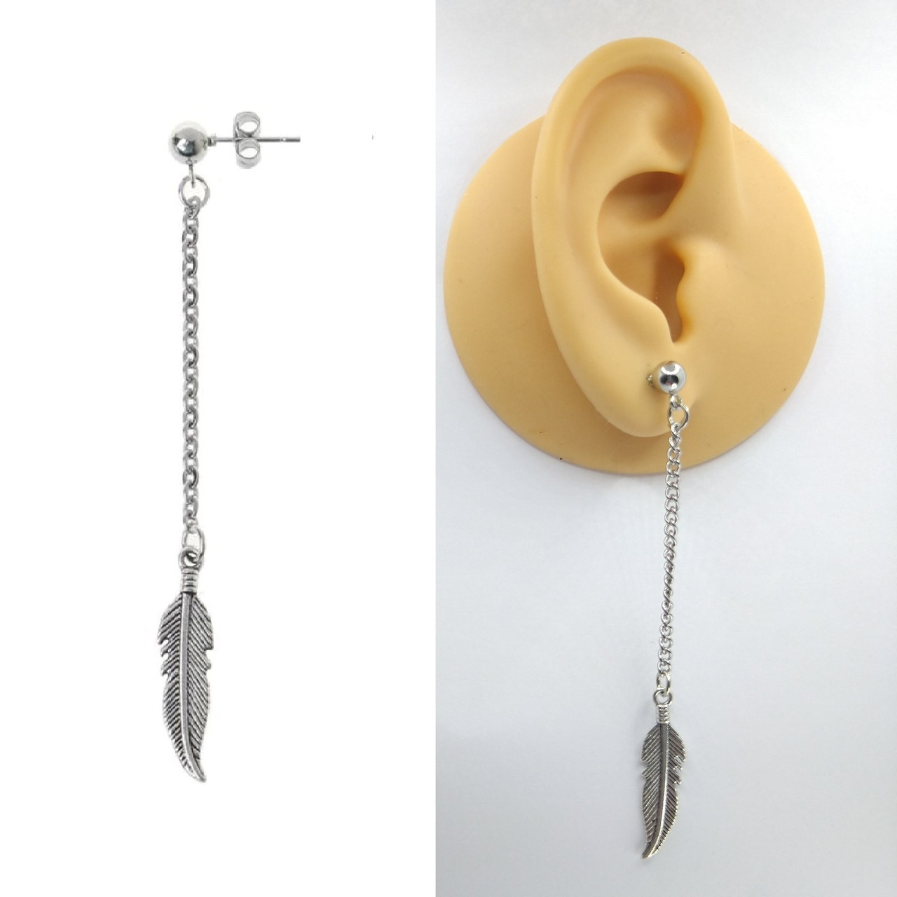 

Серьга гвоздик перо на длинной цепочке Stainless steel