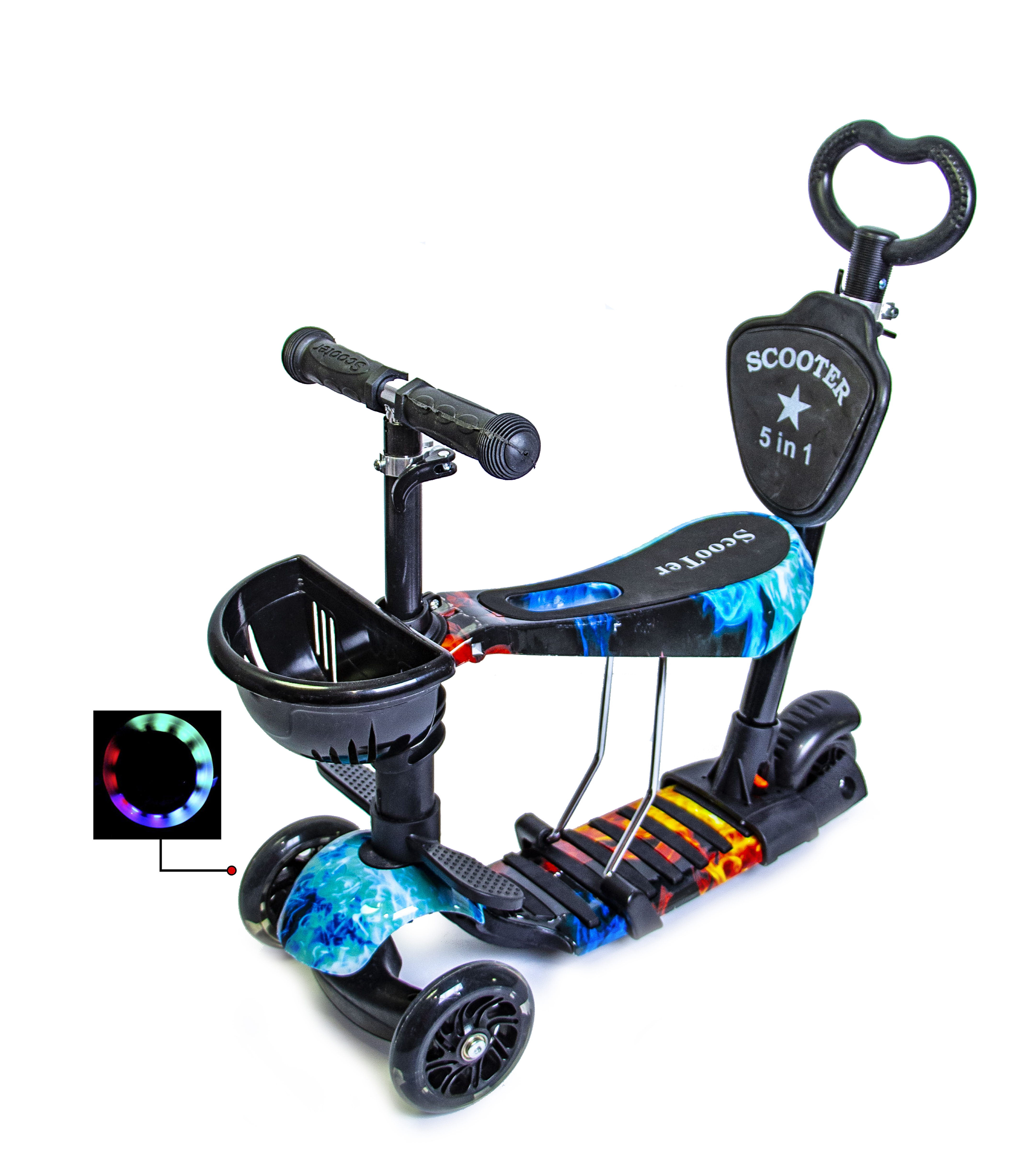 

Самокат с сидением и родительской ручкой Scale Sports Scooter ABEC-7 5in1 Fire and Ice