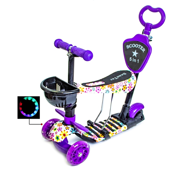 

Самокат с сидением и родительской ручкой Scale Sports Scooter 5в1 с рисунком Фиолетовый Цветочек.