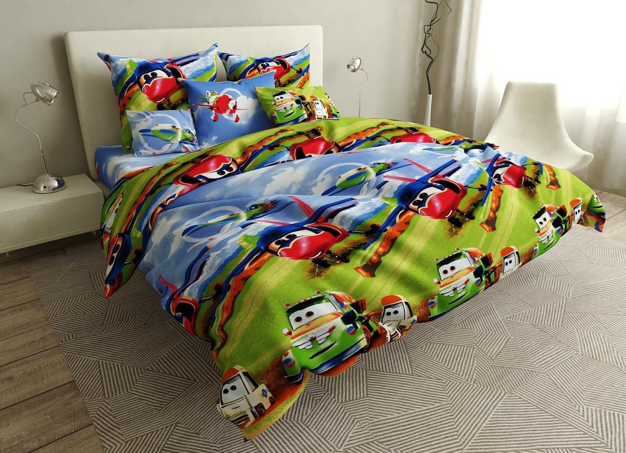 

Комплект постільної білизни сімейний Classic Сатин Gold 200х220 Тачки-літачки різнокольоровий