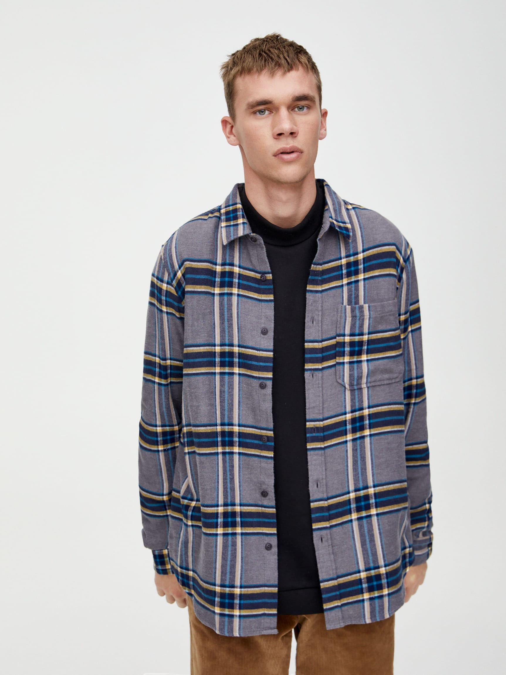 

Рубашка Pull & Bear 5474/518/802  Серая в клетку, Рубашка Pull & Bear 5474/518/802 S Серая в клетку