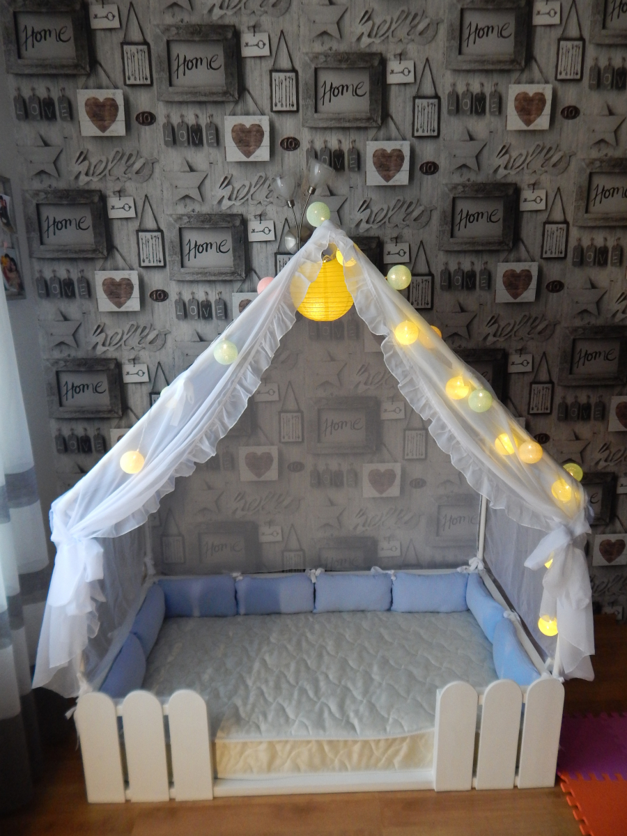 

Кроватка-домик "Сказка" для мальчика, кровать Монтессори для детей, каркас+шатер+ матрас+подушки(или косичка) периметр +гирлянда