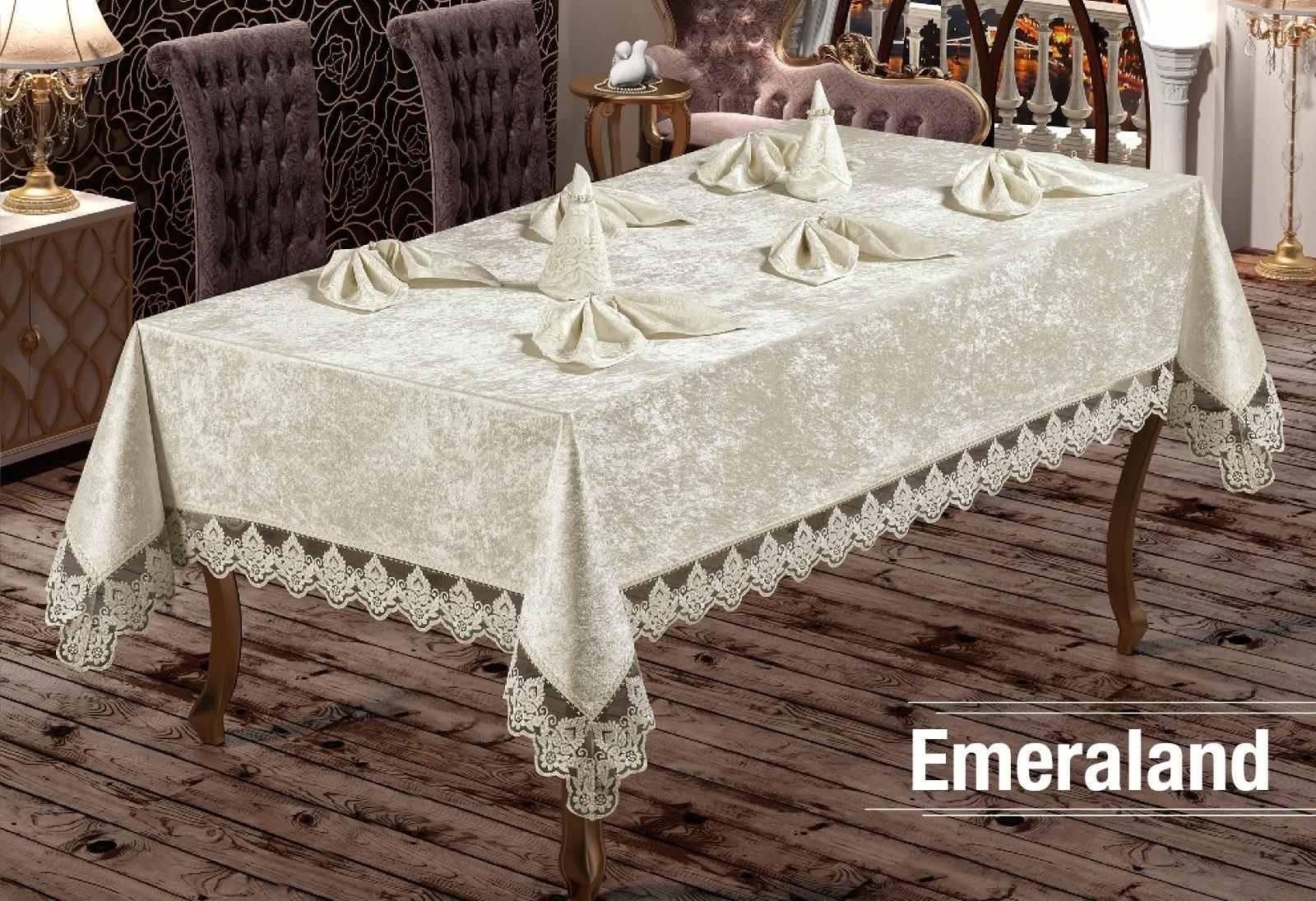 

Скатерть велюровая прямоугольная 160х220+8 салфеток 35*35 Emerald (крем) Турция