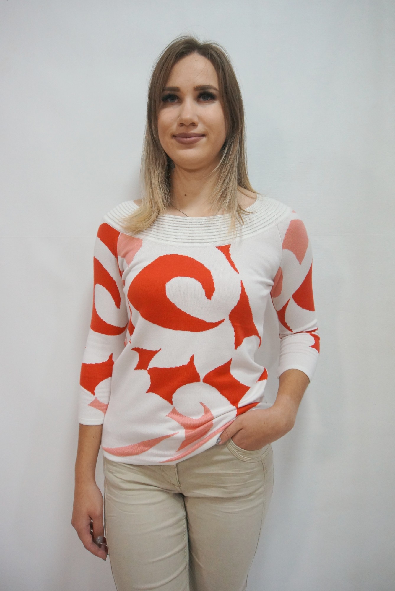 

Джемпер PATRIZIA DINI 1109 8225  коралловый с белым 181118, Джемпер PATRIZIA DINI 1109 8225 44 коралловый с белым 181118