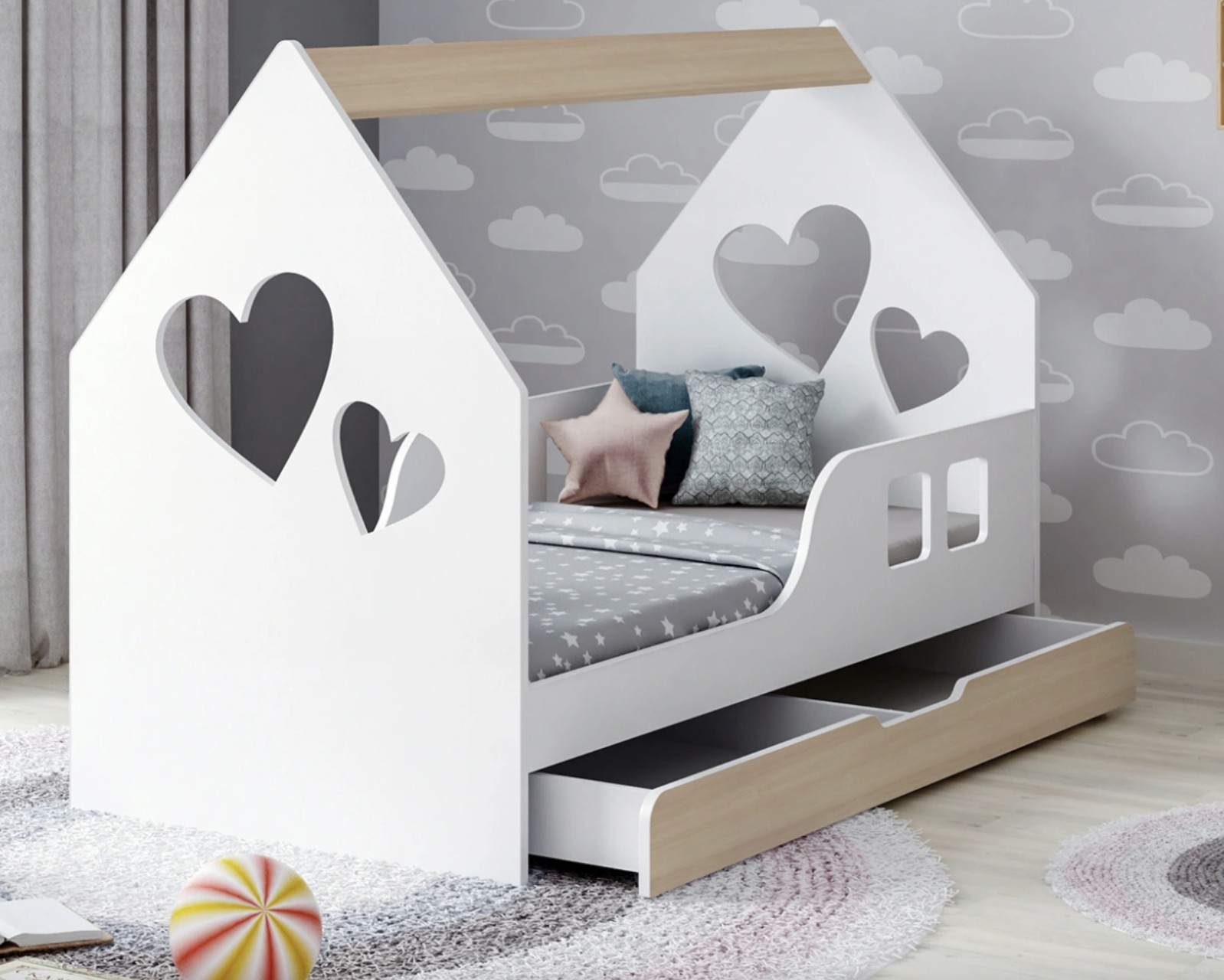 

Детская кровать домик Сердце с ящиком KidsBunkBed 144 см x 74,5 см x 106 см. белый цвет