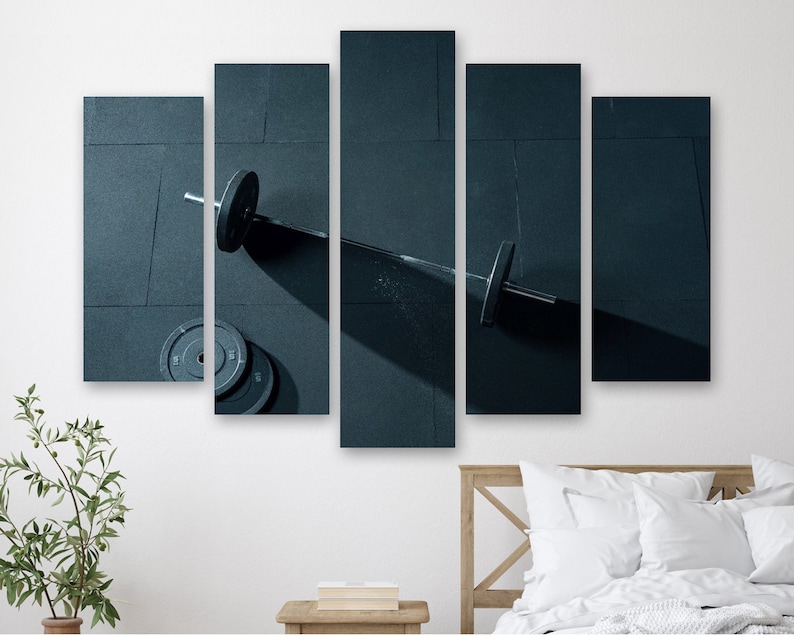 

Модульная картина на холсте из пяти частей Штанга в спортзале 187x119 см