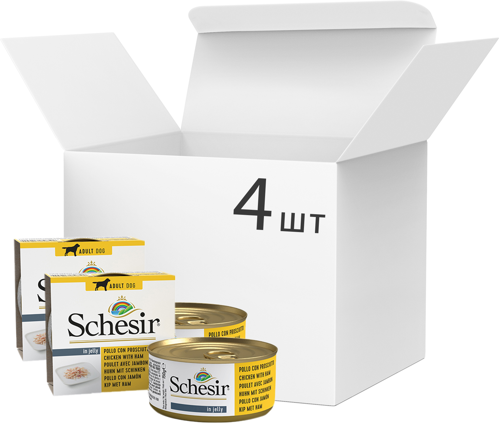 

Упаковка влажного корма Schesir Chicken Ham филе курицы c ветчиной 150 г 4 шт