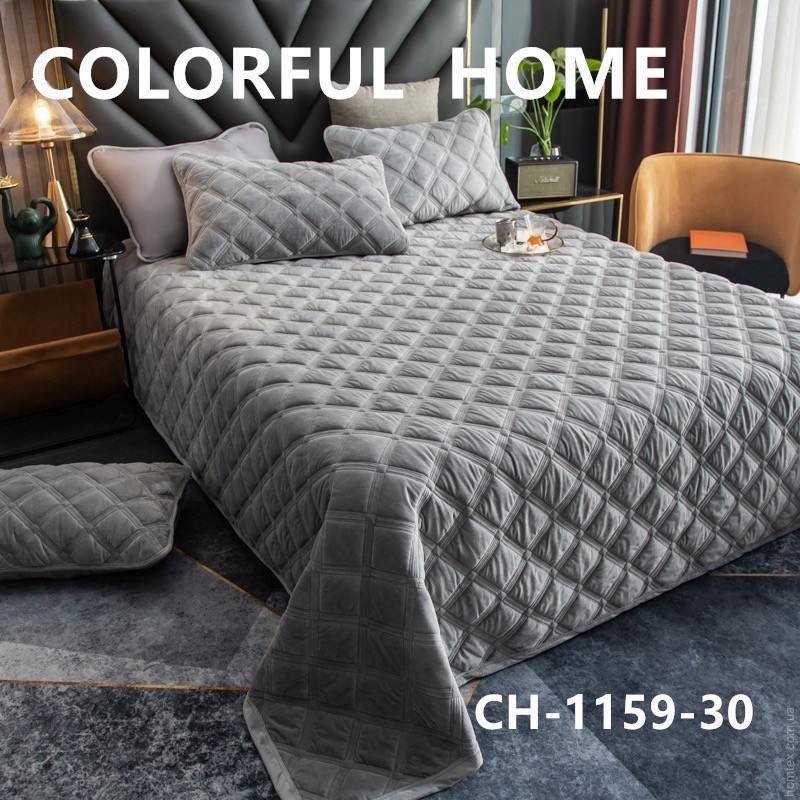 

Велюровое стеганое покрывало Colorful Home 200x230 см плед на кровать (Серый)