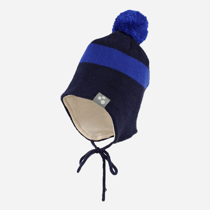 Акція на Дитяча зимова шапка в'язана на зав'язках із помпоном для хлопчика Huppa Viiro 1 83620100-70086 M 51-53 см від Rozetka