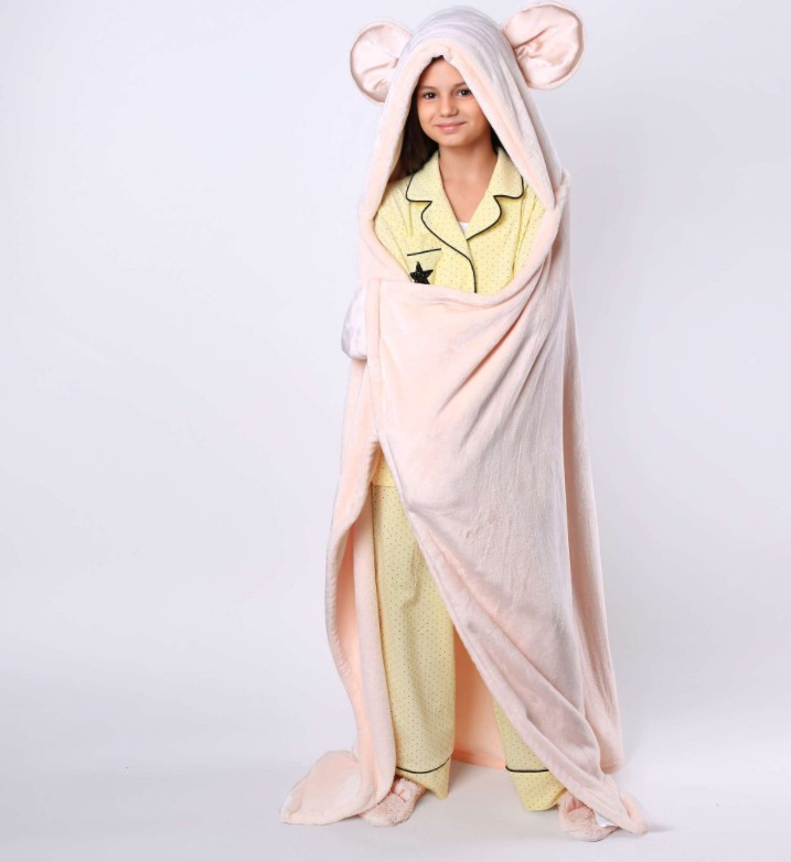 

Детский плюшевый плед с капюшоном Mone kids с ушками и рукавичками кремовый 160 см*120 см