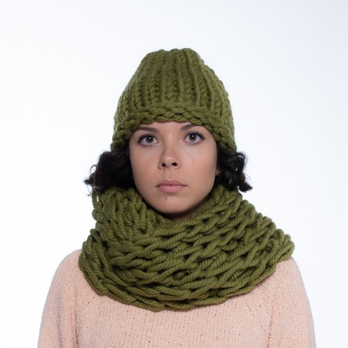 

Комплект зимний из толстой пряжи шапка и снуд PureWool Zefir Хаки ZR10853NW