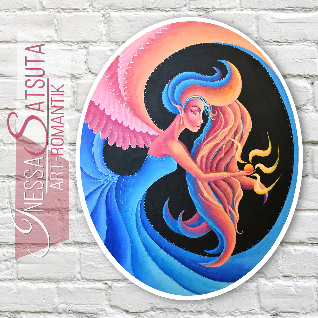 

Овальная картина девушка ангел крылья акрил холст на картоне 50 х 40 см Автор Инесса Сацута ручная работа