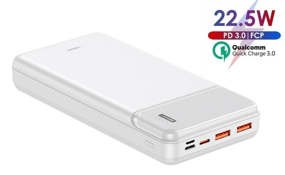 

Павербанк Remax 30000 mAh 22.5W Quick Charge LED Power Bank |2xUSB/1xType-C, PD/QC, 20W, 3A для Android/iOS white
