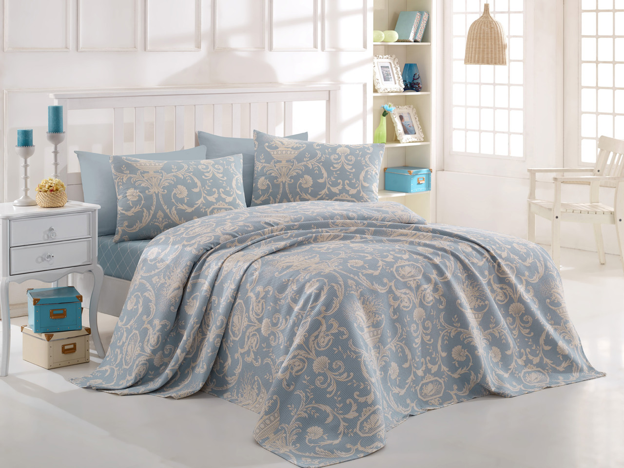 

Покрывало пике Eponj Home - Tuval mavi голубой вафельное mega king 260*230
