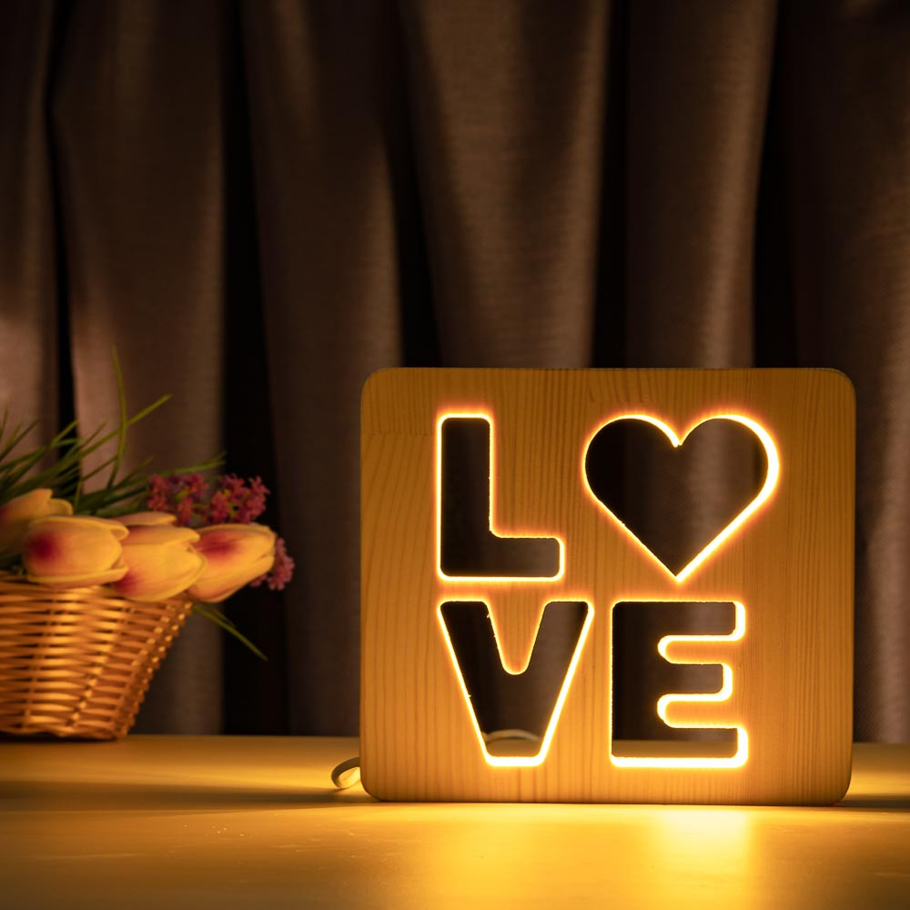 

Детский ночник светильник из дерева LED "LOVE" с пультом и регулировкой света, цвет теплый белый