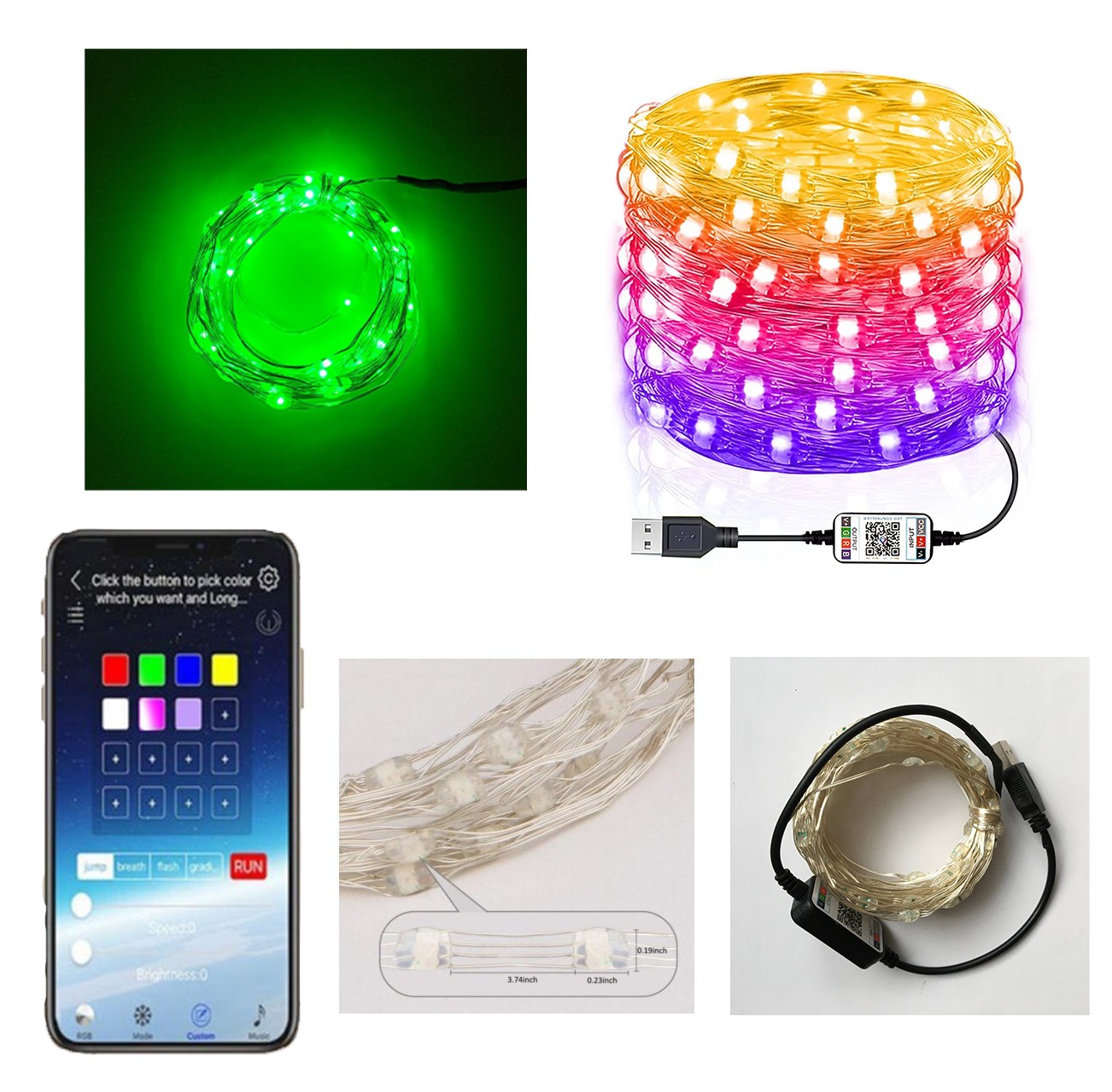 

Светодиодная смарт-гирлянда нить 15 м 150 LED RGB управление через приложение в телефоне Bluetooth и WiFi USB питание мигает в такт музыки