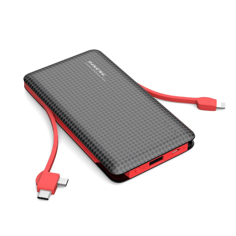 

Внешний аккумулятор Power Bank Pineng PN-956 со встроенным Micro USB / Lightning / Type-C кабелем, 10000 mAh Black(Red cable)