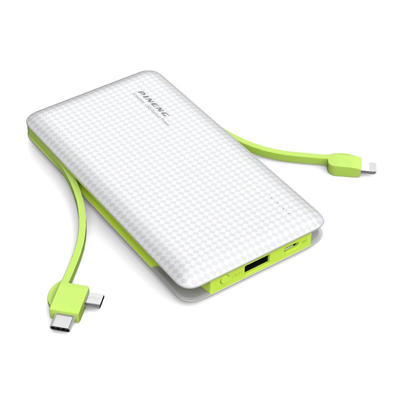 

Внешний аккумулятор Power Bank Pineng PN-956 со встроенным Micro USB / Lightning / Type-C кабелем, 10000 mAh White(Green cable)