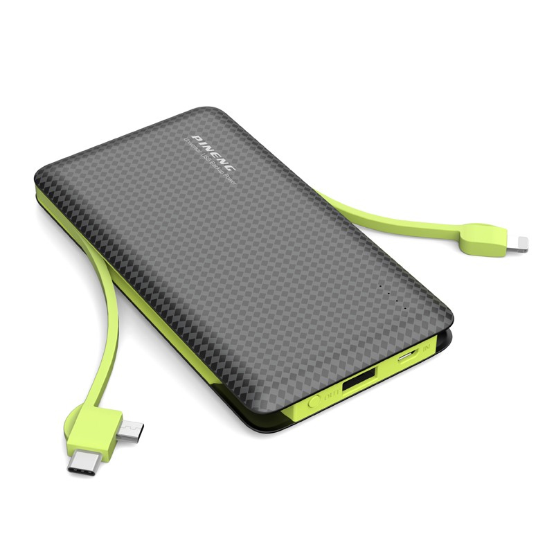 

Внешний аккумулятор Power Bank Pineng PN-956 со встроенным Micro USB / Lightning / Type-C кабелем, 10000 mAh Black(Green cable)