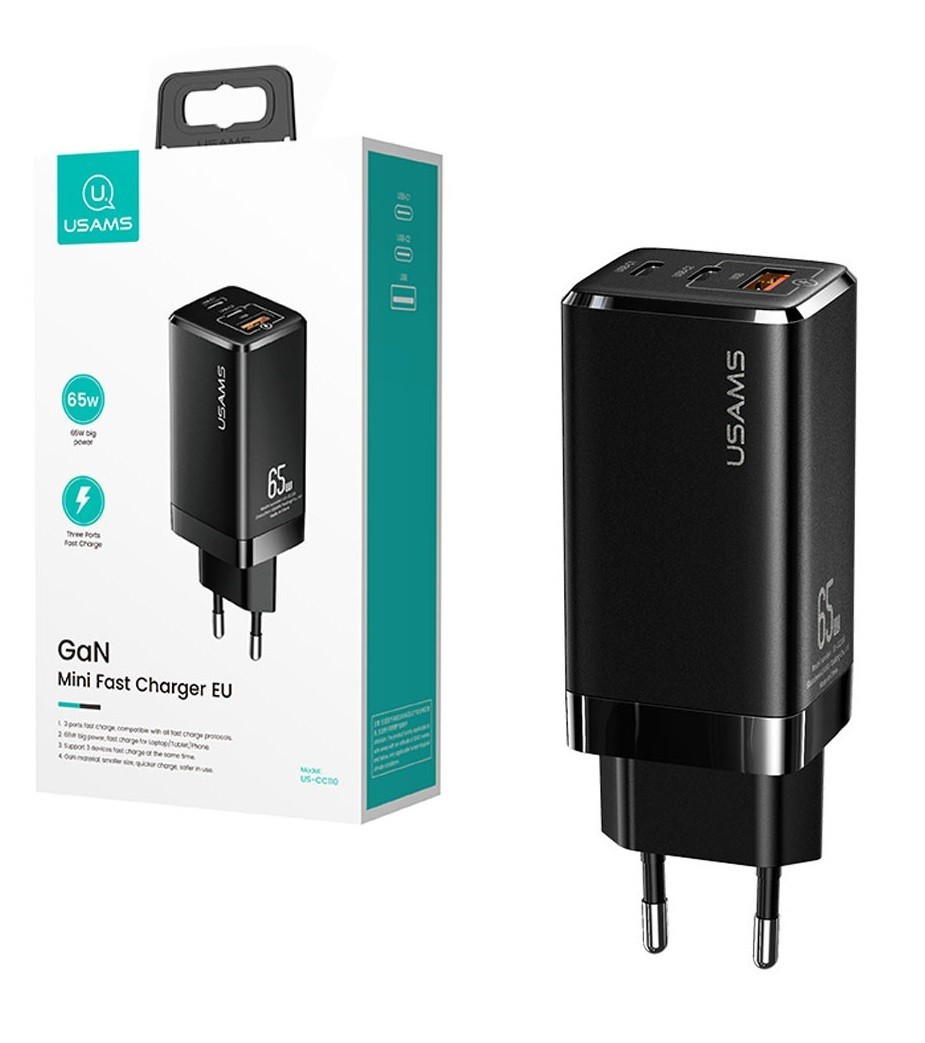 

Зарядное устройство Usams GaN Quick Charger 65W (2 Type-С+USB) для MacBook/iPad/iPhone/Android black