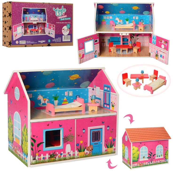 

Дерев'яний ляльковий будиночок 2158, 2 поверхи, з меблями, рожевий