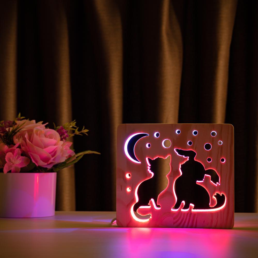 

Светильник ночник ArtEco Light из дерева LED "Кот и собачка" с пультом и регулировкой цвета, двойной RGB