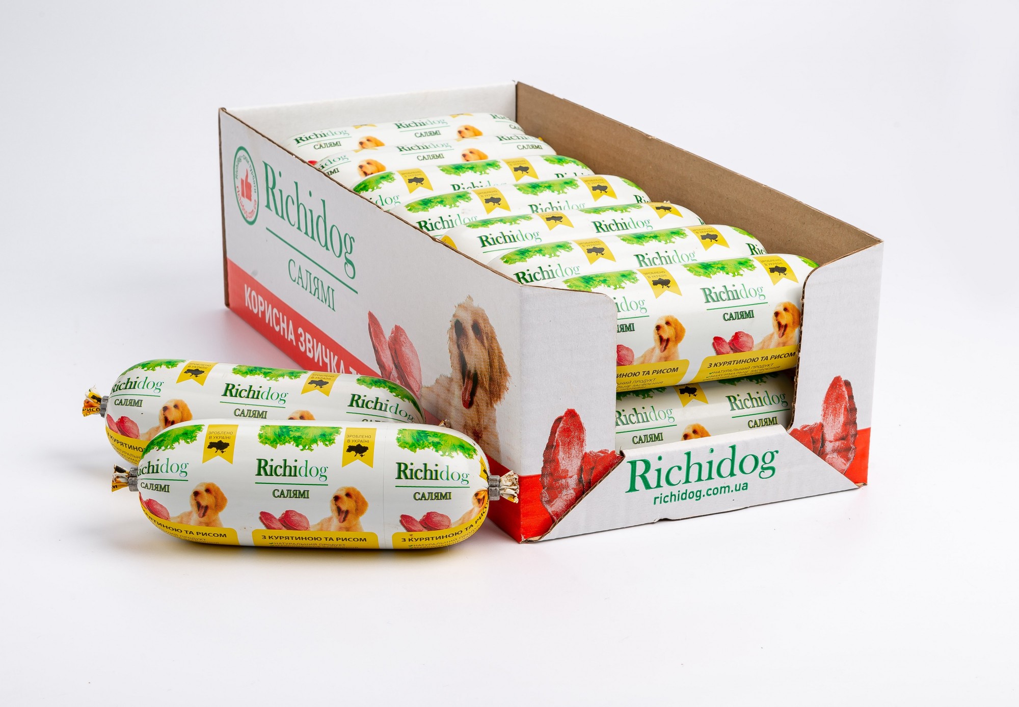 

Ящик корма-паштета салями для собак Richi Dog c курицей и рисом 14 шт. по 350 г