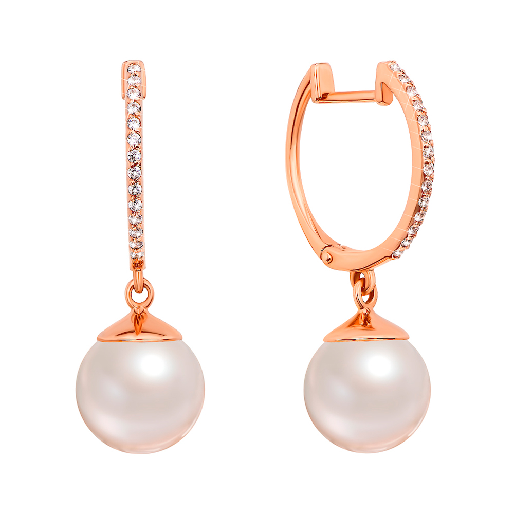 

Золотые серьги-подвески Сабира в красном цвете с жемчужиной и фианитами 000130576