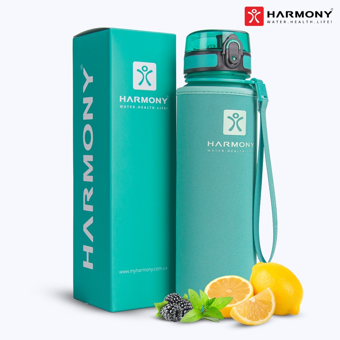 

Бутылка для воды Harmony Total Aqua 1 л. с контейнером для фруктов и защитным неопреновым чехлом