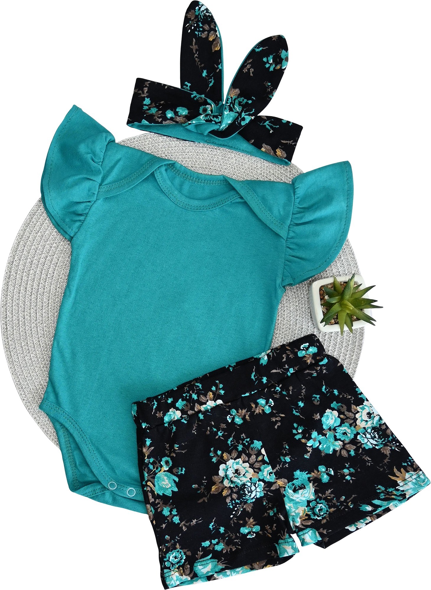 

Комплект (боди + шортики + повязка) Dexters "Цветы" 86 см синий