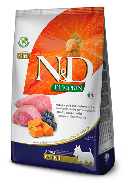 

Farmina (Фармина) N&D GRAIN FREE PUMPKIN DOG LAMB & BLUEBERRY ADULT MINI 800 GRБеззерновой сухой корм для собак мелких пород (тыква / ягненок / черника), 800 гр