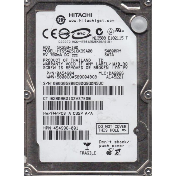 

Накопитель HDD 2.5" SATA 160GB Hitachi 5400rpm 8MB (HTS542516K9SA00) гар. 12 мес. Refurbished