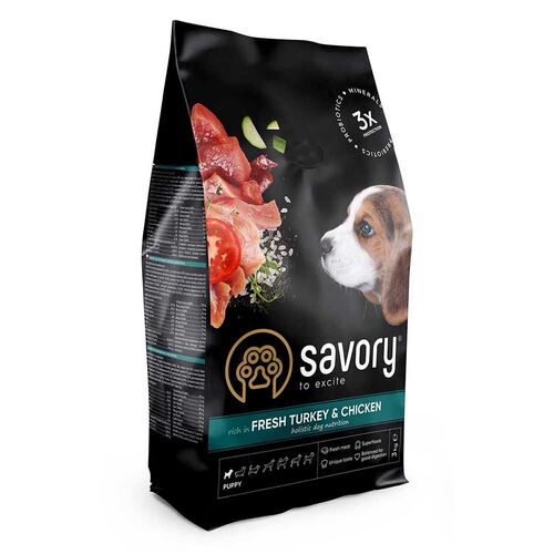 

Сухой корм со свежей индейкой и курицей для щенков всех пород Savory Puppy rich in Fresh Turkey & Chicken 3 кг Savory BGL-SV-17