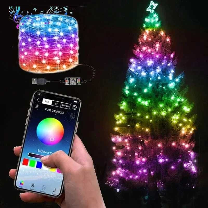 

Светодиодная умная смарт гирлянда 3м 100Led, Новогодняя гирлянда роса Bluetooth управление с телефона RGB (EL-3-3M)